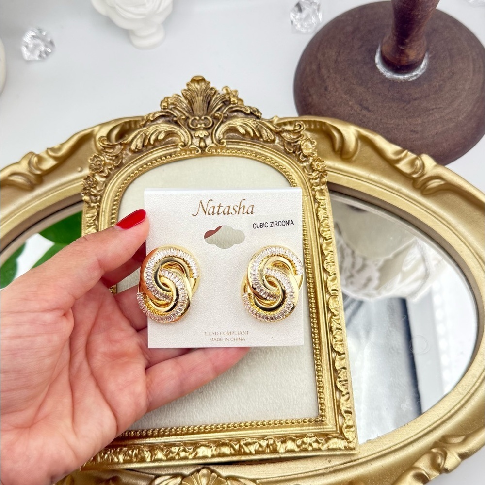 Natasha Gold-Tone Knot Earrings with Cubic Zirconia – Bold Statement Studs - Picture 8 of 13